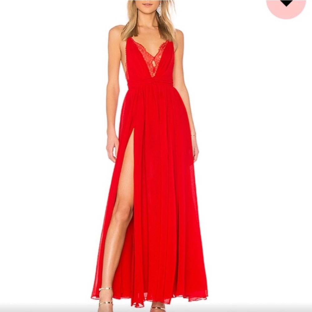Red Lace-Trim Maxi Dress with Side Slit